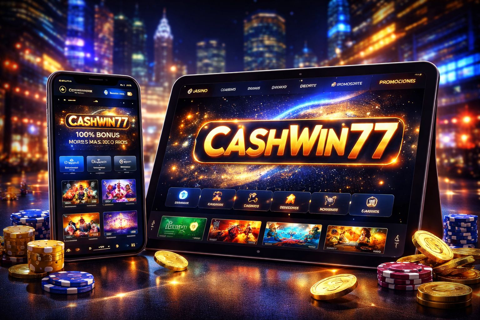 Smartphone y tablet mostrando la plataforma móvil CashWin77 con un diseño moderno de juego y un vibrante fondo inspirado en Chile.