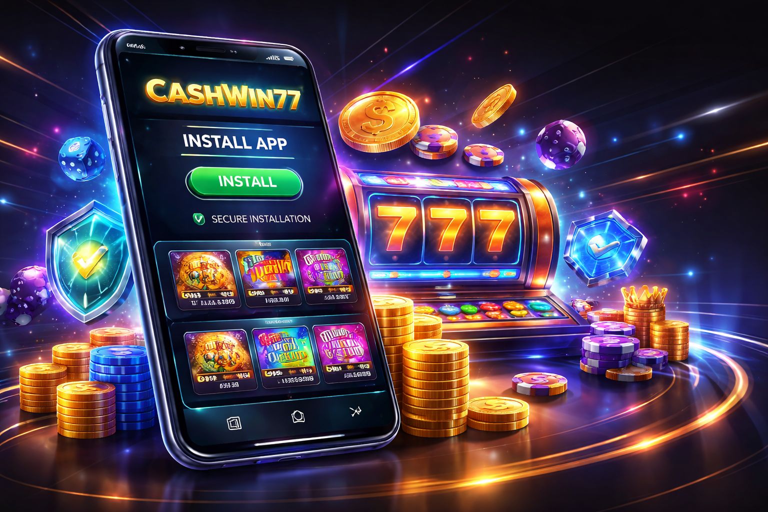 Dispositivo móvil mostrando la app CashWin77 durante la instalación con una interfaz pulida y visuales dinámicos de casino.