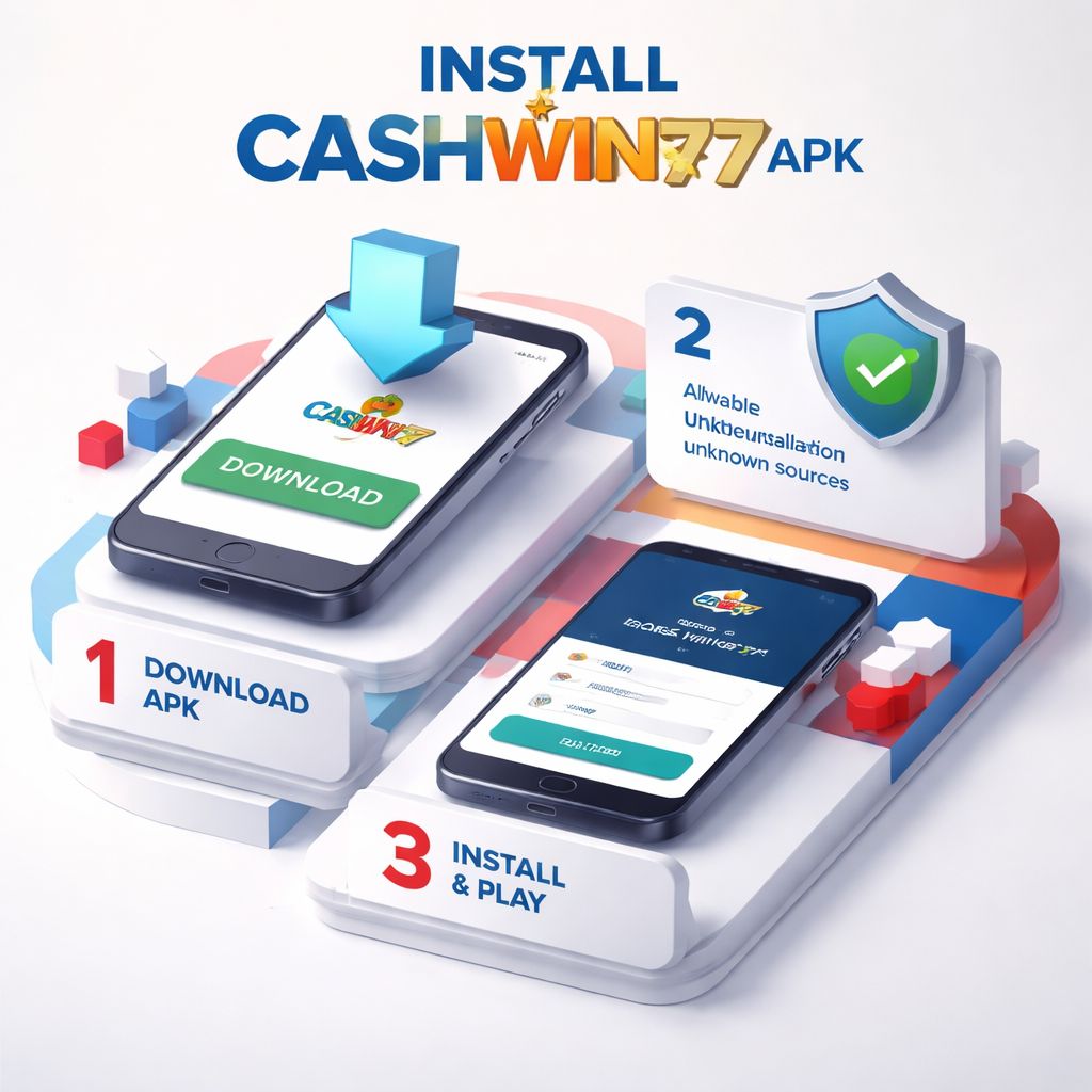 Ilustración de un usuario completando la configuración de la app CashWin77 en un smartphone con pasos seguros de descarga y activación.