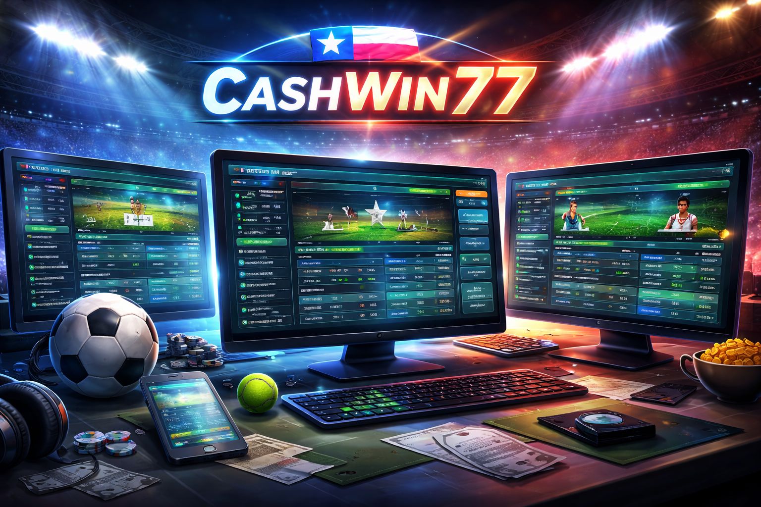 Pantalla de casa de apuestas CashWin77 mostrando cuotas en vivo de fútbol y tenis con iluminación brillante inspirada en estadios.