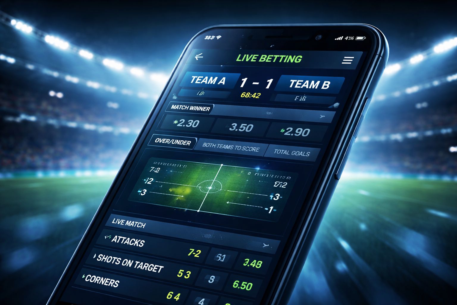 Pantalla de apuestas en vivo CashWin77 mostrando datos de partido en tiempo real y cuotas cambiantes en un dispositivo elegante.