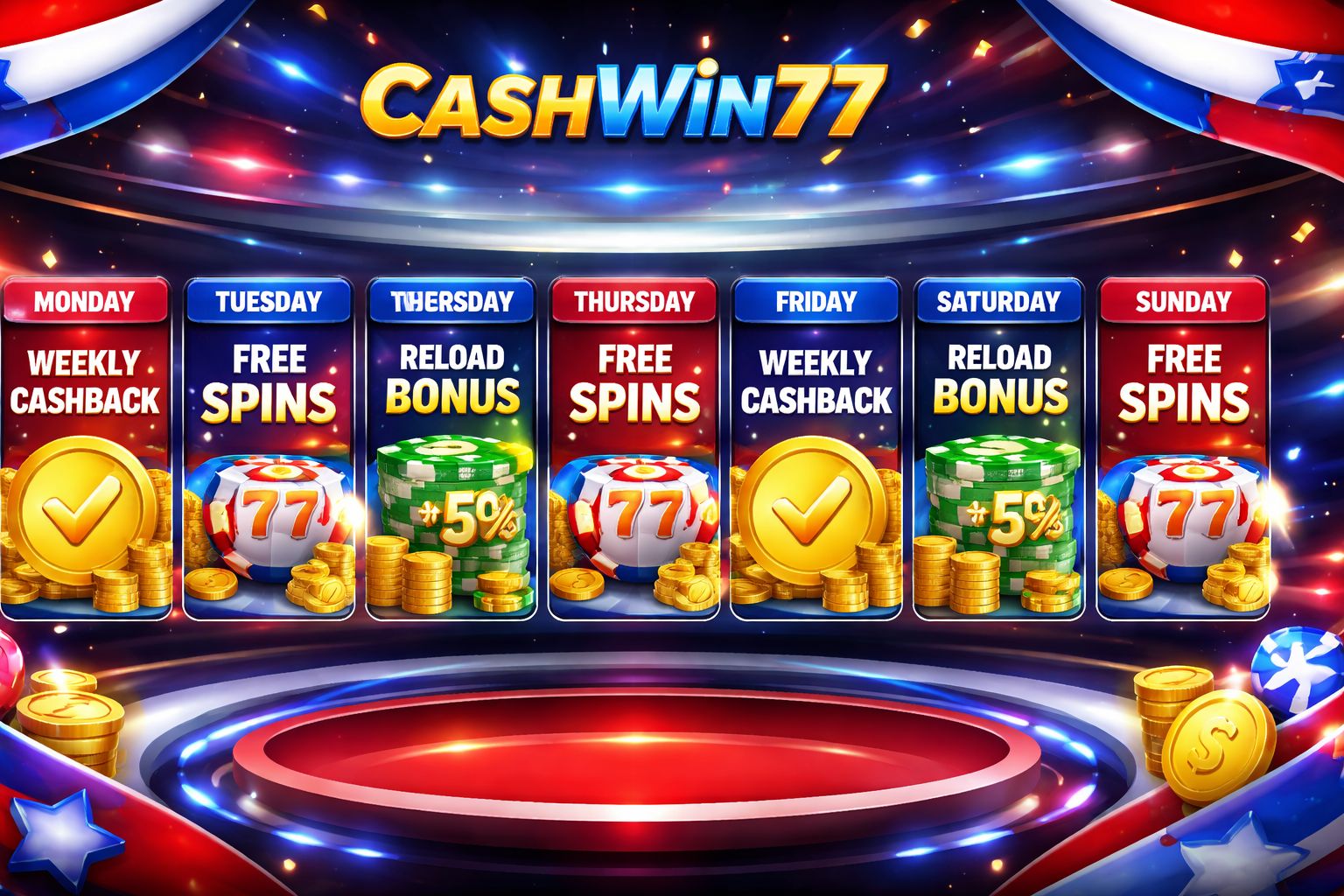 Calendario promocional para CashWin77 con reembolso, bonos de recarga, giros gratis y ofertas recurrentes para jugadores en Chile.