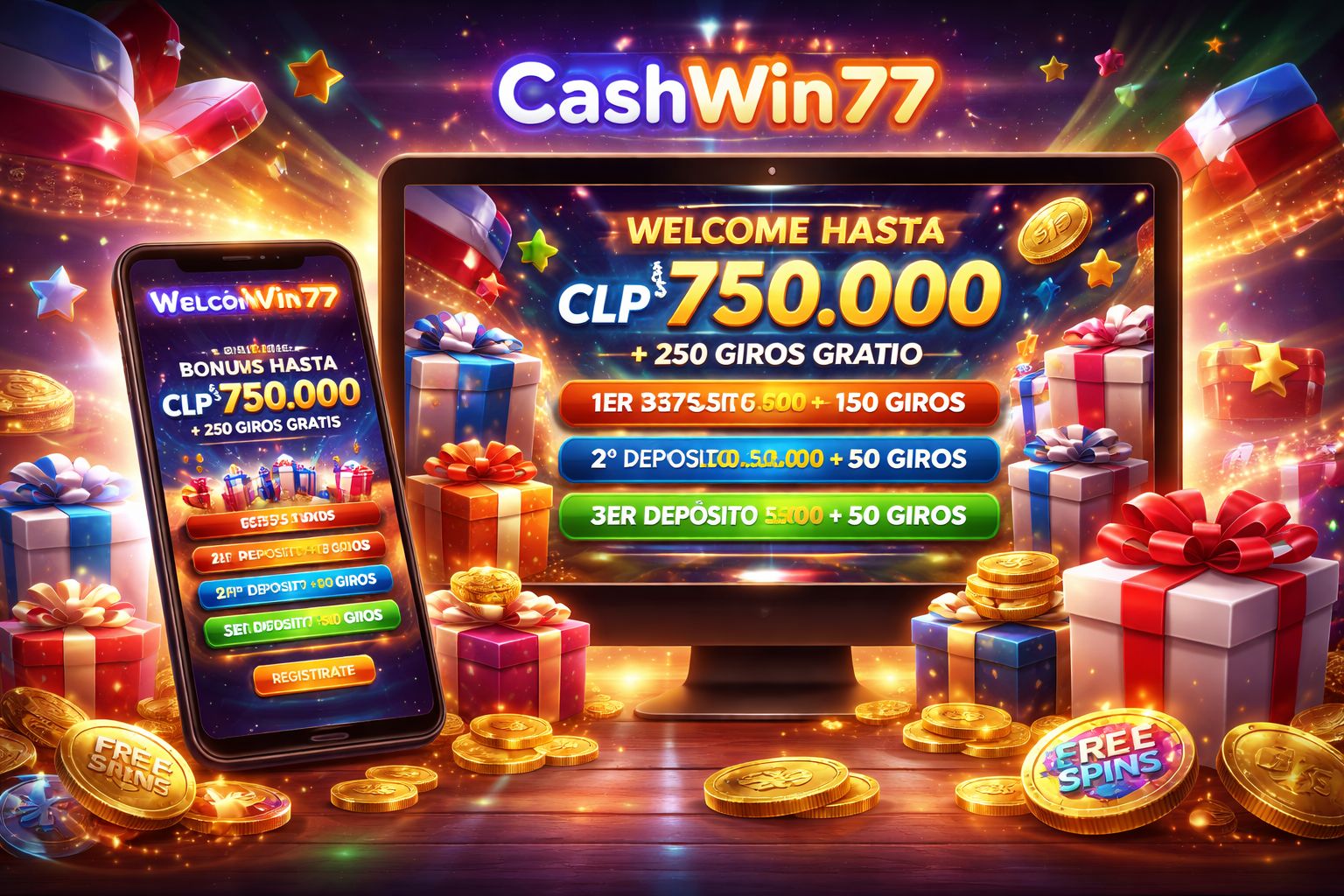 Pantalla promocional dinámica para CashWin77 en Chile mostrando recompensas de bienvenida, giros gratis, reembolso y destacados de bonos en una interfaz moderna.