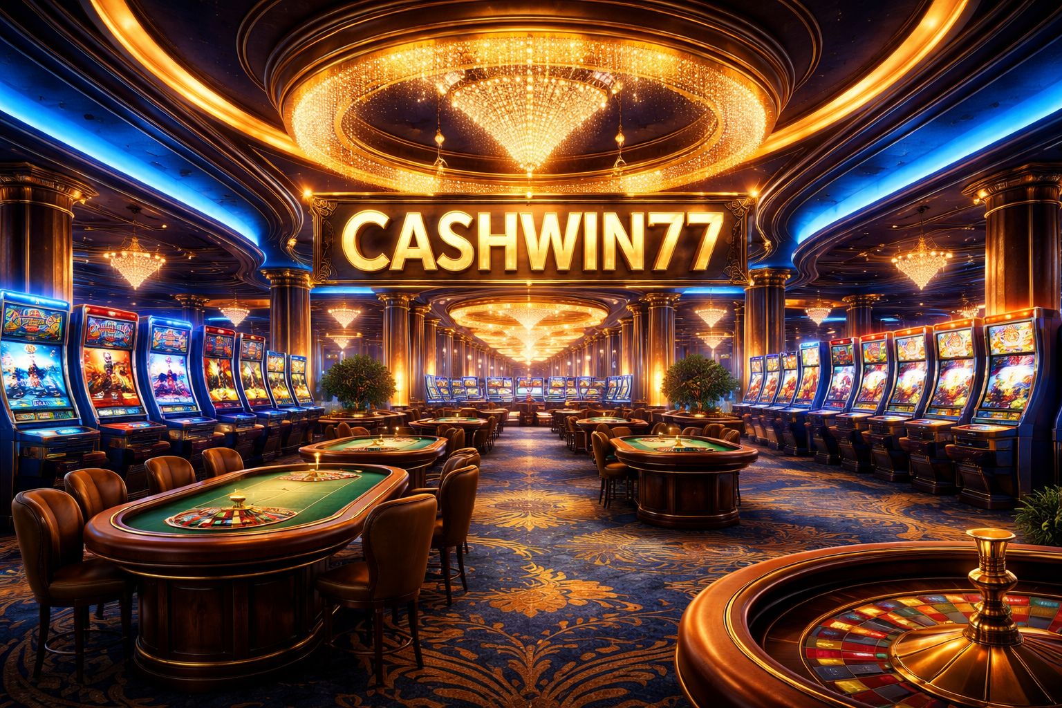 Vestíbulo elegante de casino en línea en CashWin77 con mesas en vivo y ambiente de juego premium para Chile.