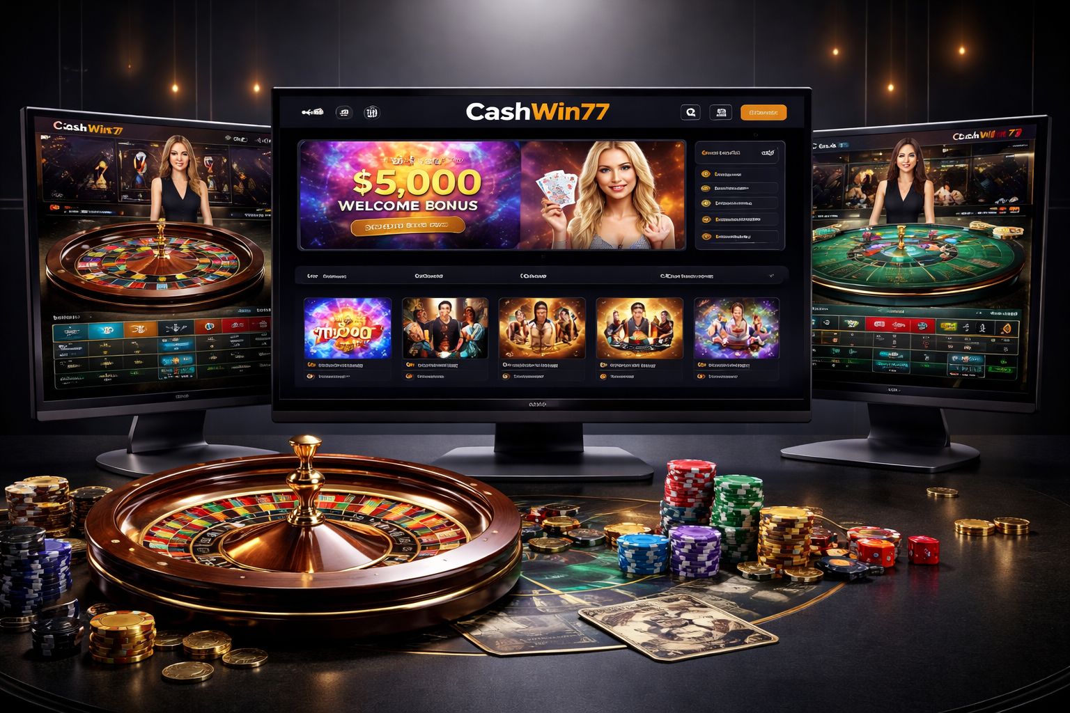 Pantalla dinámica del casino CashWin77 mostrando múltiples juegos de mesa y tragamonedas para usuarios en Chile.