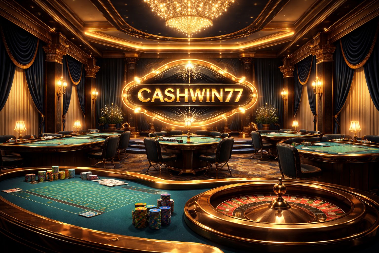 Ambiente premium de casino en vivo CashWin77 con mesas pulidas e iluminación inmersiva.