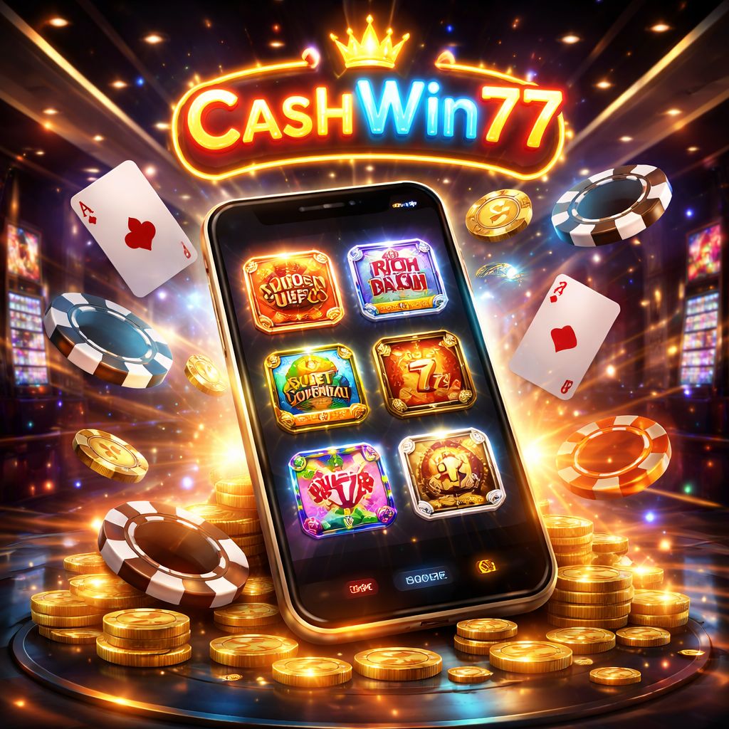 Escena digital colorida de casino con un smartphone mostrando íconos de juegos y un letrero luminoso de CashWin77 en el fondo.