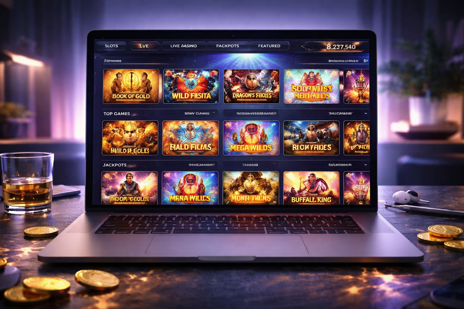 Interfaz moderna de juego en línea en una laptop mostrando múltiples categorías de casino en un diseño digital pulido.