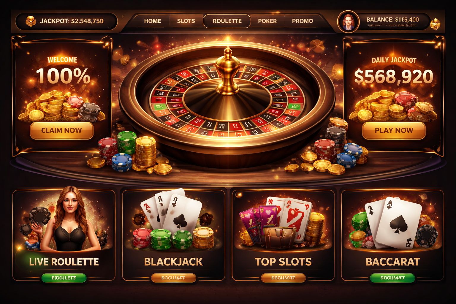Panel futurista de casino con cartas luminosas, elementos de ruleta y paneles digitales de juego en un entorno premium.