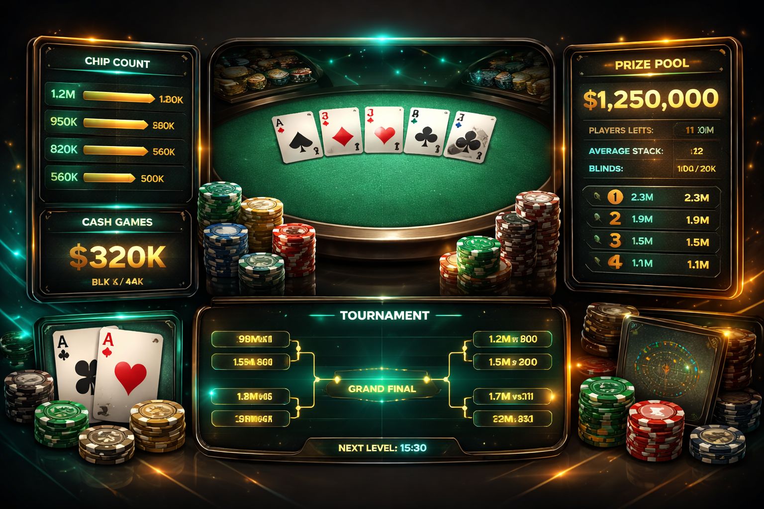 Mesa digital de póker con cartas, fichas e información de torneos en pantalla