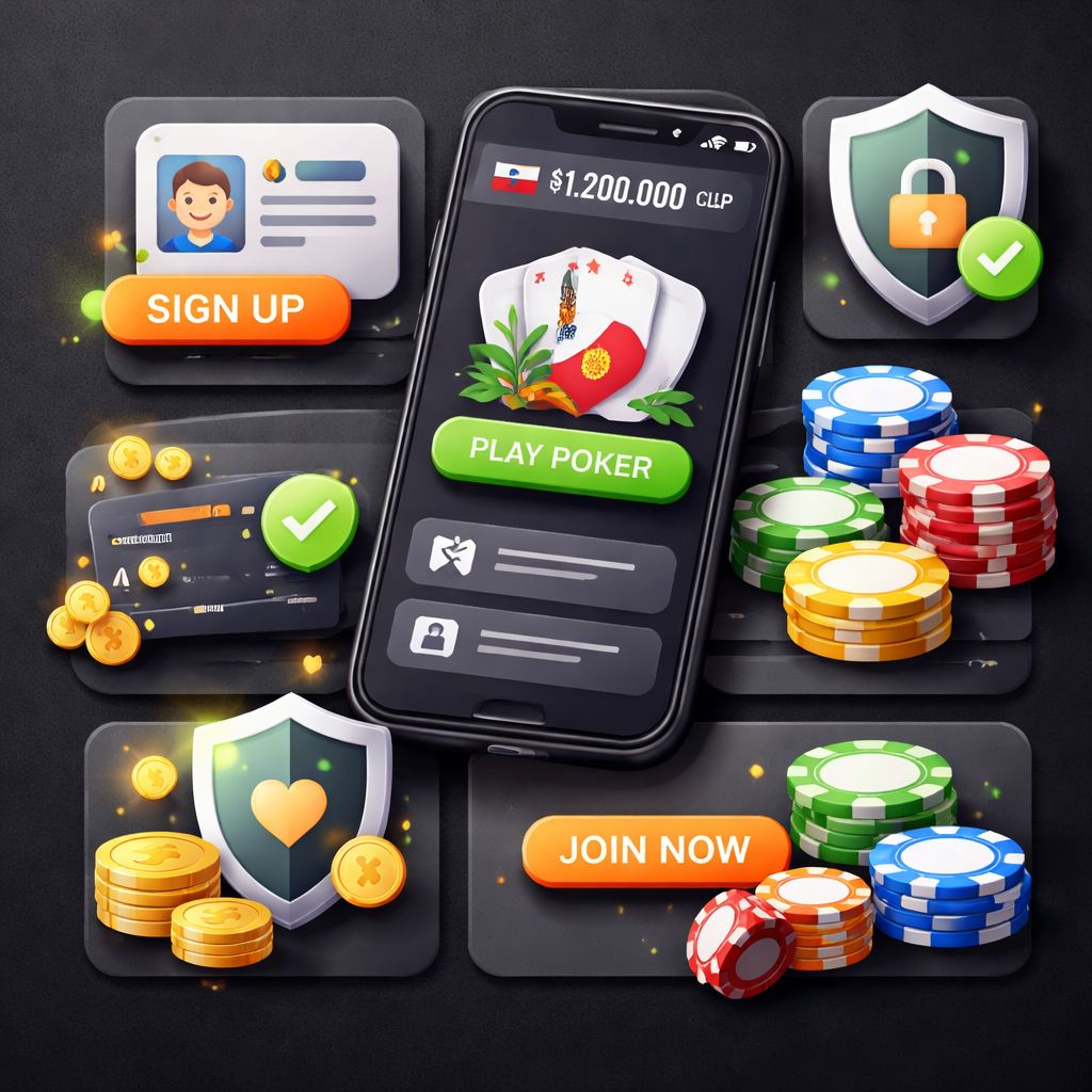 Interfaz móvil de póker de CashWin77 mostrando pasos fáciles para configurar cuenta