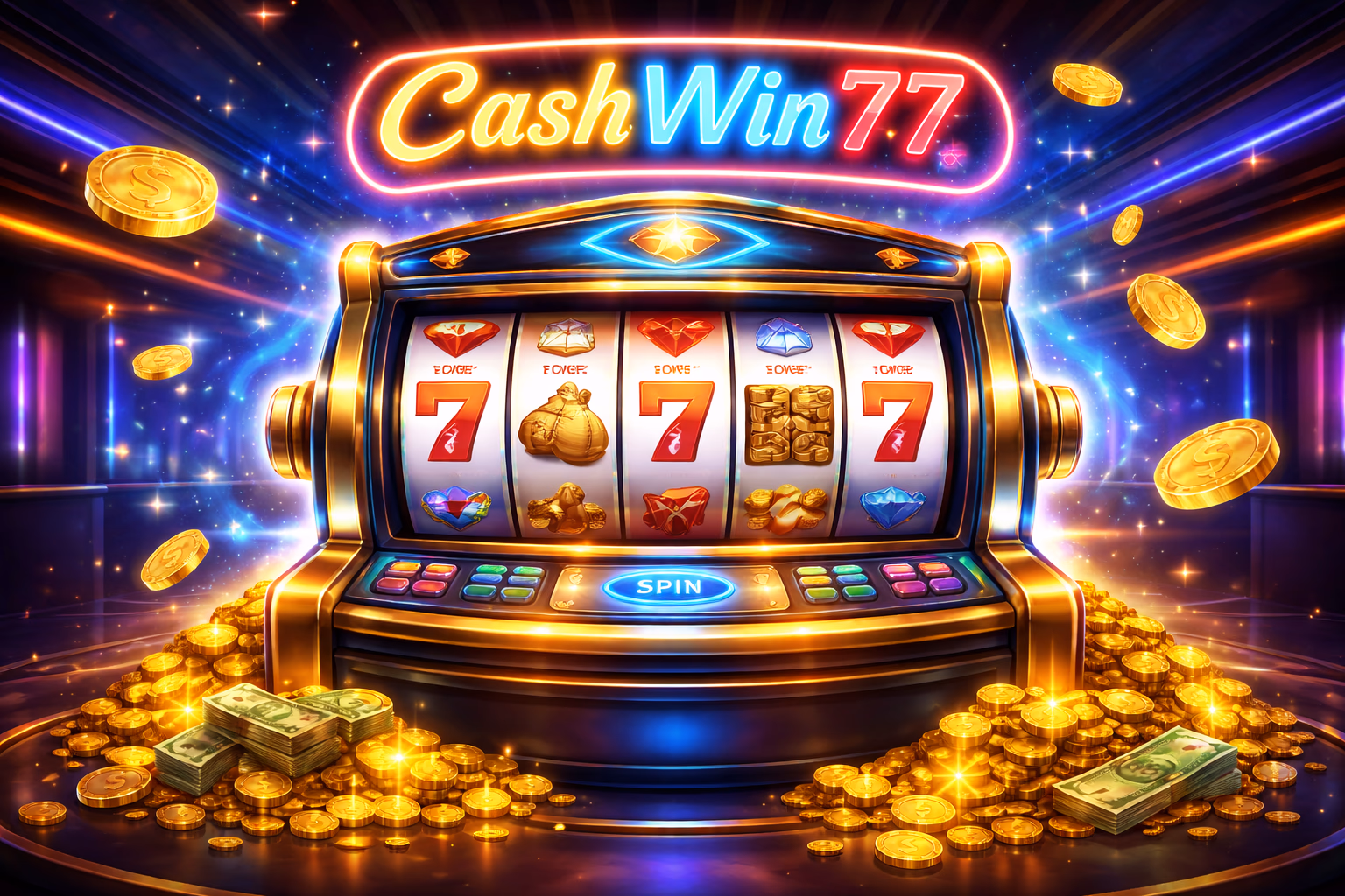 Carretes de tragamonedas brillantes con símbolos luminosos, monedas y un diseño de juego premium para CashWin77.