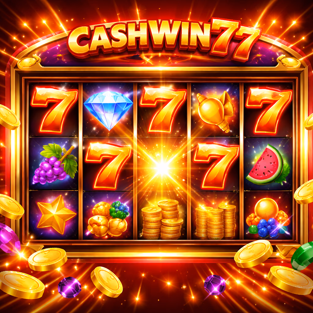 Sesión dinámica de tragamonedas en CashWin77 con carretes coloridos y un efecto de victoria celebratoria.