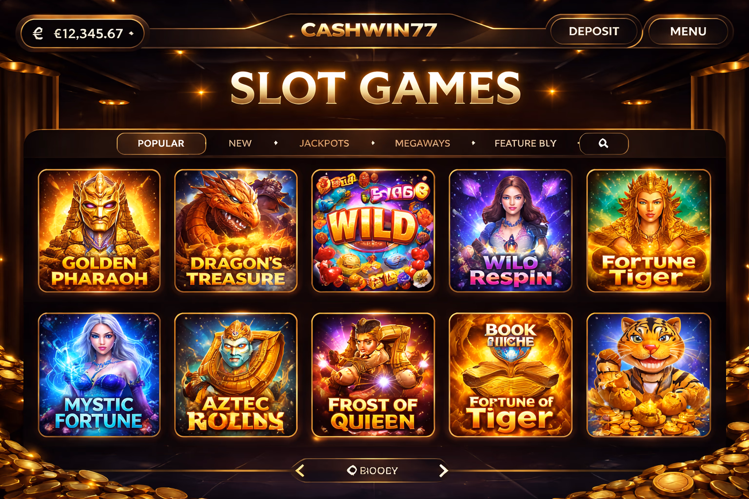 Interfaz moderna de catálogo de tragamonedas en CashWin77 mostrando múltiples proveedores y categorías de juegos.